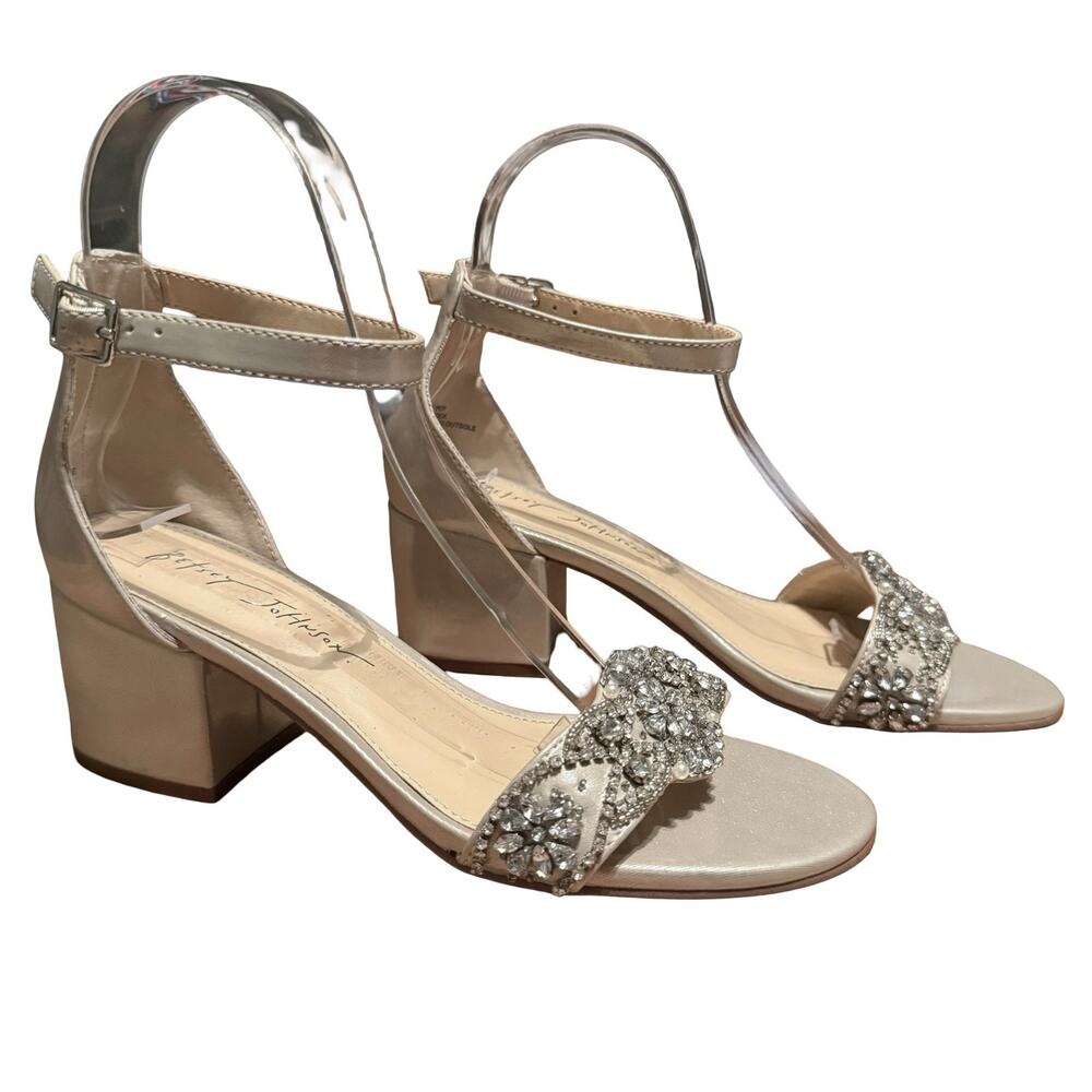 Betsey Johnson Mel Champagne Rhinestone Ankle Strap Block Heel Sandals Shoes 6.5